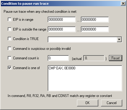 Condition to
pause run trace